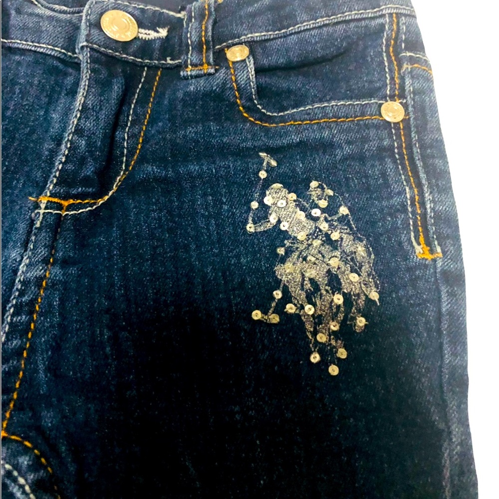 Polo Assn long jeans embroidered sequined logo pockets dark wash 4T